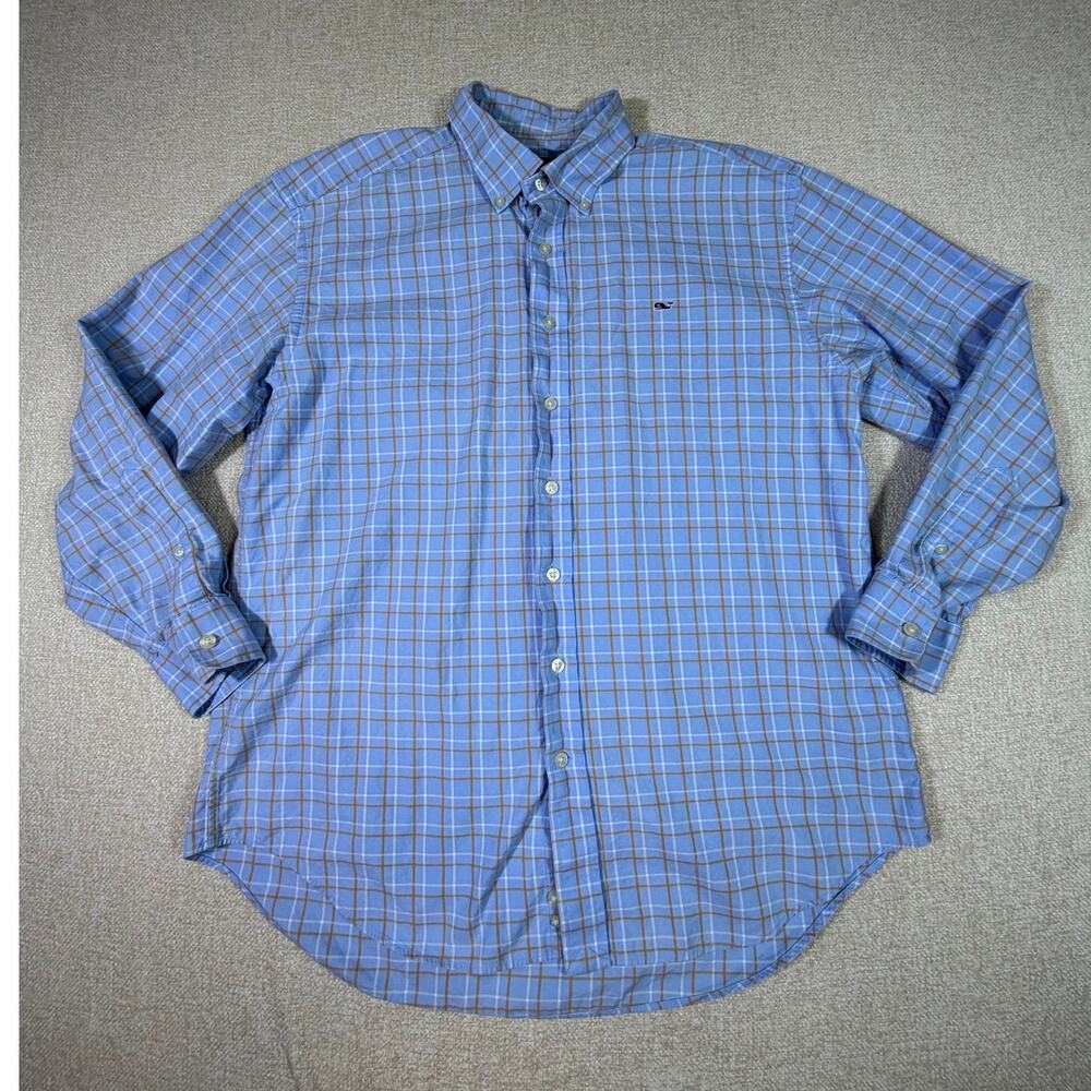Vineyard Vines Men's Large Blue Peach Plaid Whale Long Sleeve Casual Shirt